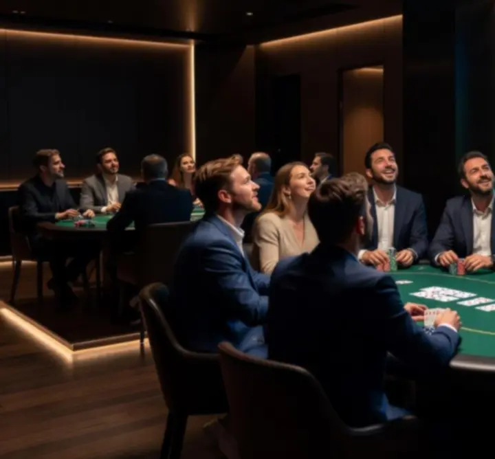 Gracze pokerowi oglądający transmisję sportową na dużym ekranie w Code Poet, Mateusz Burzyński