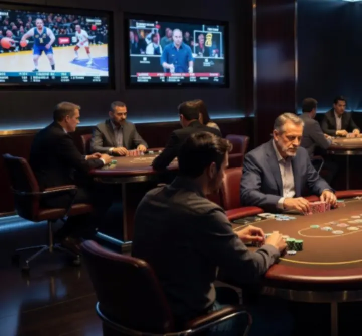 Stół pokerowy podczas turnieju, żetony i karty w świetle reflektorów