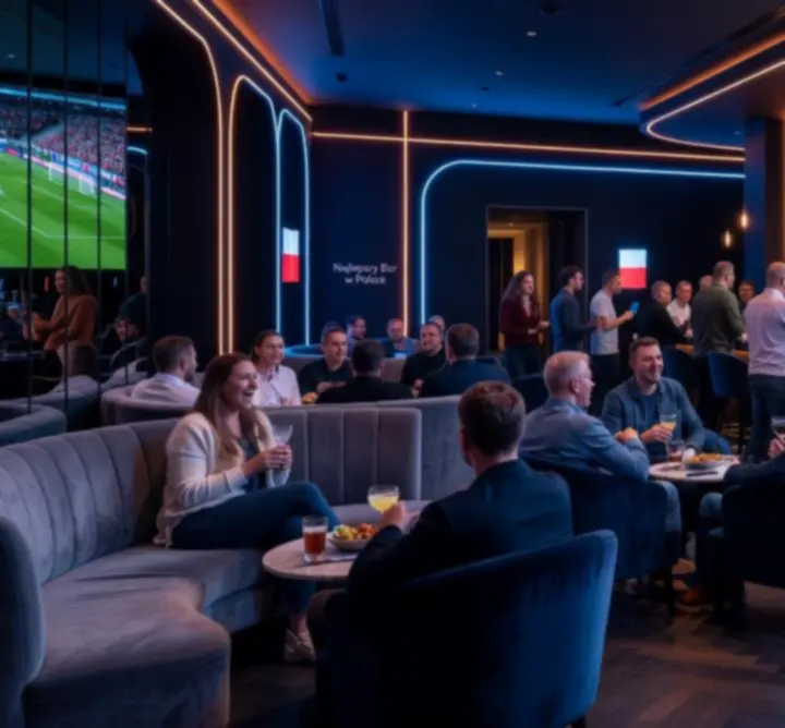 Nowoczesny sports bar Code Poet, Mateusz Burzyński z wielkoformatowym ekranem podczas transmisji meczu.