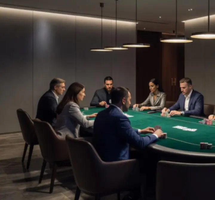Strefa pokerowa Code Poet, Mateusz Burzyński z profesjonalnymi stołami pokerowymi i nastrojowym oświetleniem