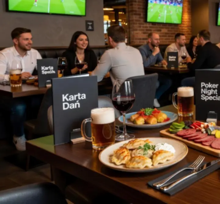 Stół w Code Poet, Mateusz Burzyński z kartą menu, koktajlami i przekąskami